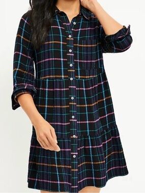 LOFT NWOT Black Plaid Button-Front Shirt Dress (Teal, Pink and Orange plaid)